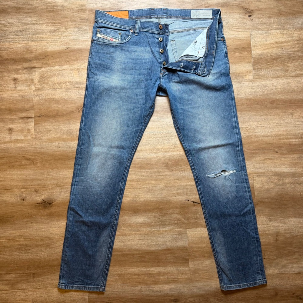Diesel Tepphar Jeans Mens 36x32 Blue Slim Carrot Stretch Distressed Denim Pants